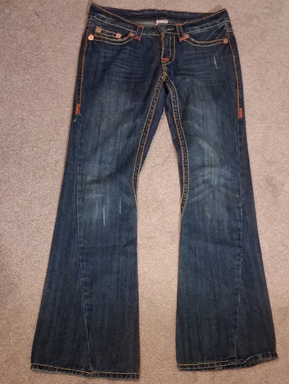 True Religion Women’s Bobby SuperT Dark Blue Flare Jeans-Contrast Stitcing-29